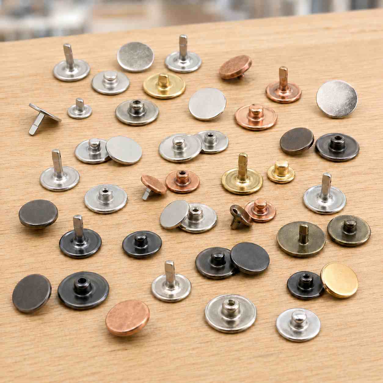 rivet buttons for denim, Rivet buttons for denim in multiple sizes and metallic finishes are scattered on a wooden table as separate caps and posts.